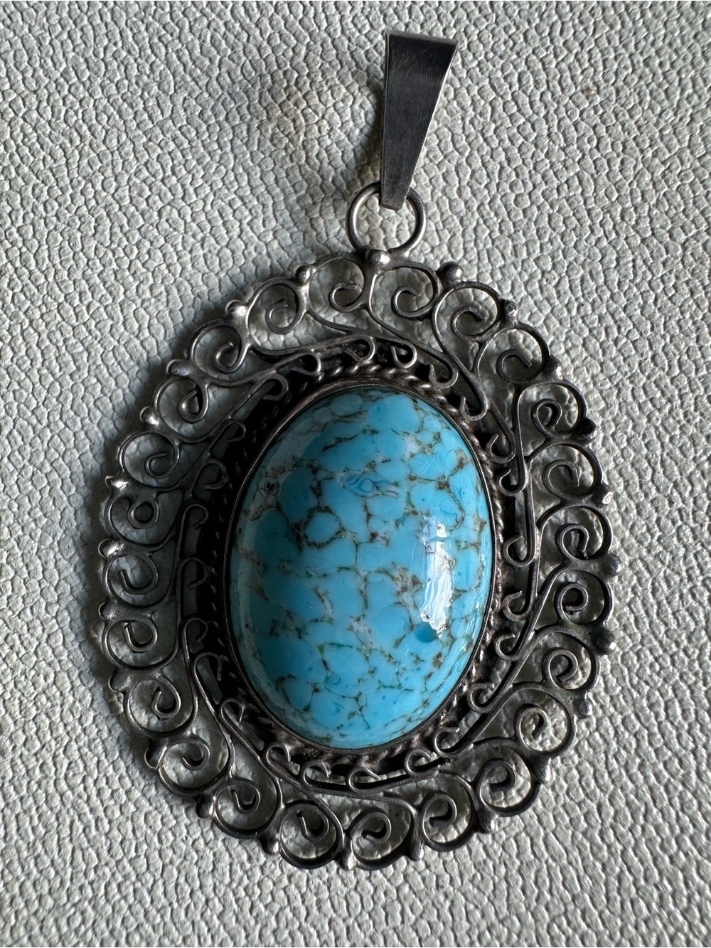 Vintage Mexican Sterling Silver Turquoise Pendant 11.76g Filigree Signed EMC 925